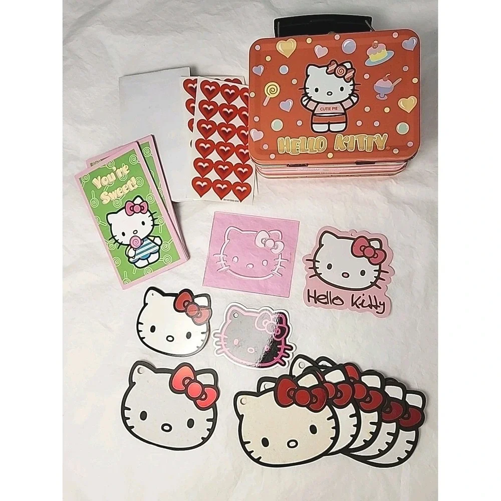 53 Pcs VTG Sanrio Hello Kitty V-Day Lunchbox Tin + Cards & 10 Merchandise Tags